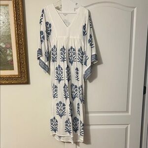 Elegant White and Blue Floral Maxi Dress